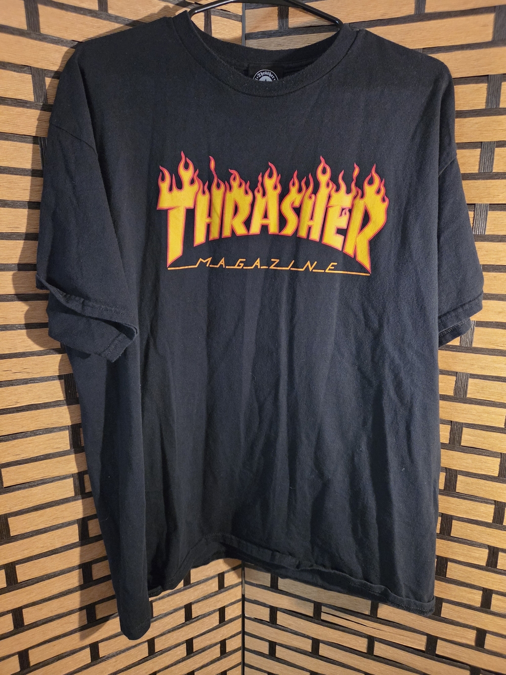 Thrasher Black Tee with Yellow and Red Flame Logo